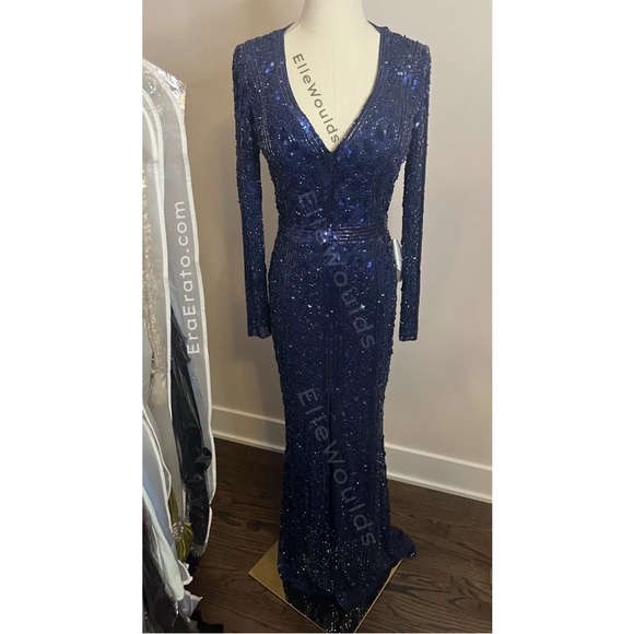 Mac Duggal Embellished Front Slit Long Sleeve Gown,  5002, Midnight, Size 2 - Picture 2 of 5